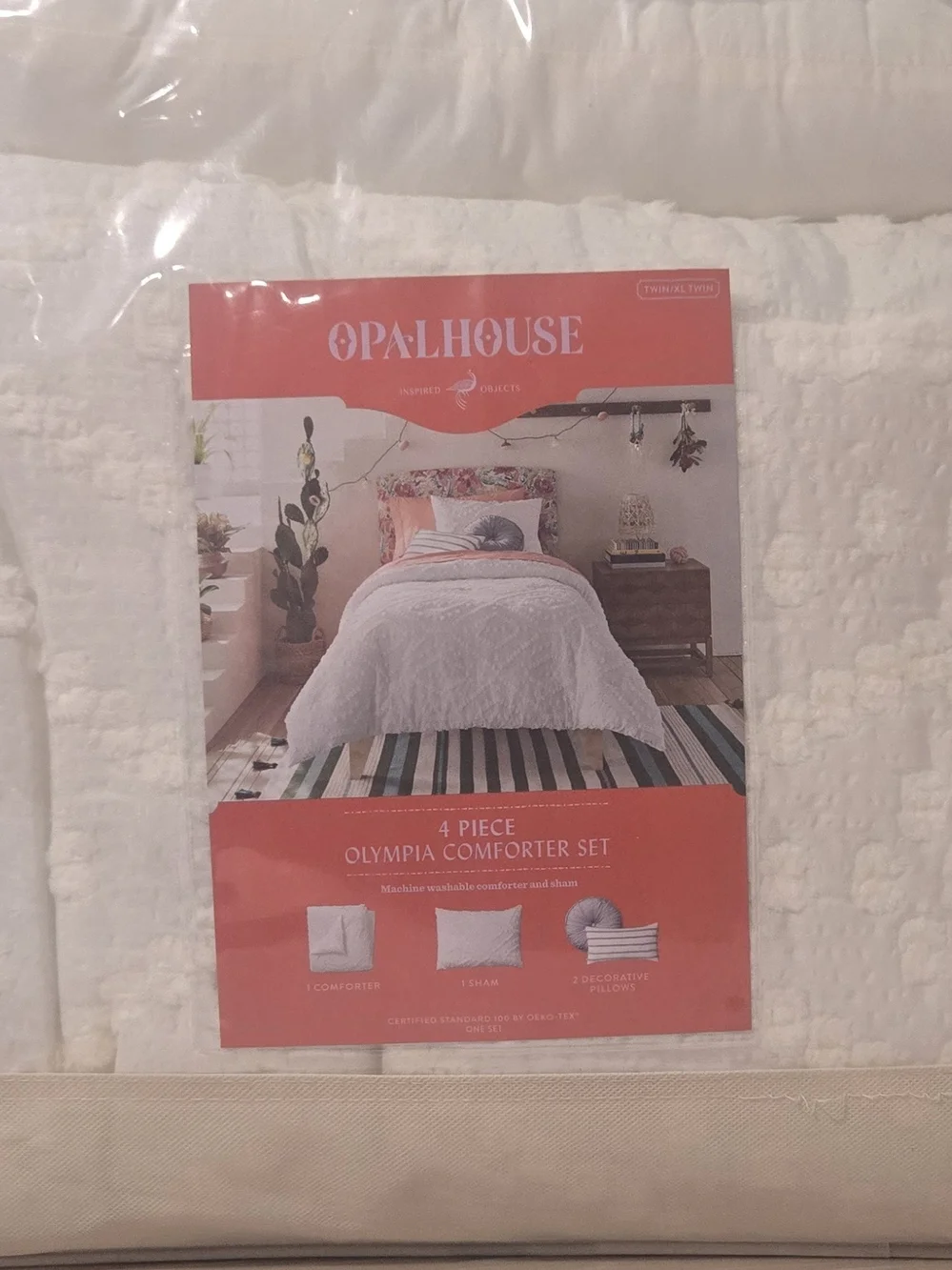 Opalhouse White Tufted Comforter with Coral Accents and Floral Headboard